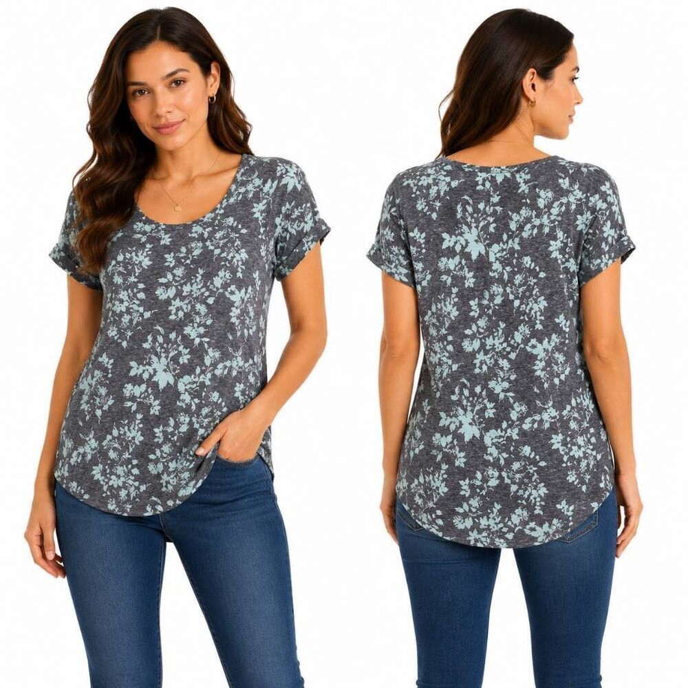 Maurices 24/7 Women’s Small Gray Floral Print T-Shirt Short Sleeve Stretch Tee
